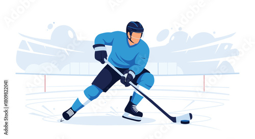 An action-packed vector illustration of a professional ice hockey player in full uniform skating with the puck on the rink.