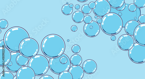 A vibrant background illustration filled with many shiny blue soap bubbles of various sizes floating against a light blue backdrop.