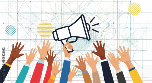 Hands holding megaphone announcing important news to a crowd.