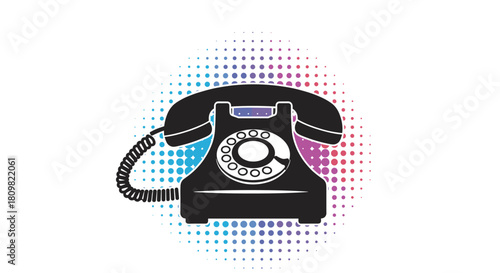 A retro black rotary telephone icon set against a vibrant circular background of colorful blue and purple halftone dots.