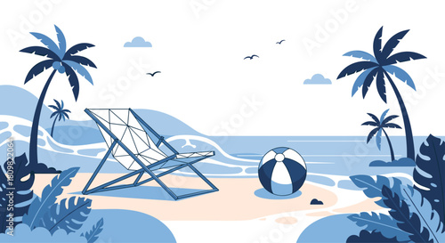 A serene beach scene in blue tones featuring a lounge chair a beach ball and palm trees by the calm ocean waves.
