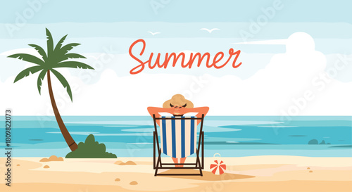 A woman in a sun hat relaxes in a striped beach chair facing the ocean with a single palm tree on a sandy beach.