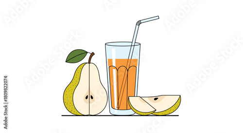 A simple illustration of a glass of fresh pear juice with a straw next to a halved pear and two fruit slices.
