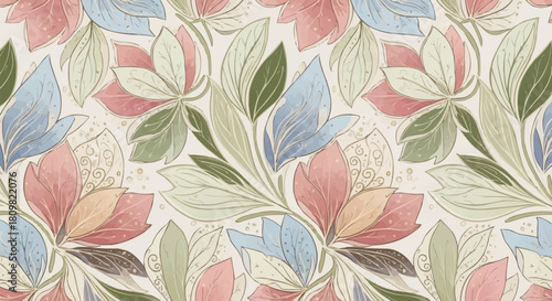 Delicate seamless pattern with hand drawn pastel flowers and leaves.