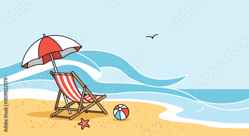 A cute cartoon drawing of a relaxing beach scene with a striped lounge chair an umbrella a beach ball and a starfish.