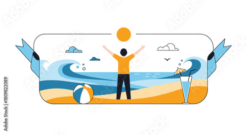 Stylized vector graphic showing a person with arms raised in joy on a sandy beach with large ocean waves and a bright summer sun.