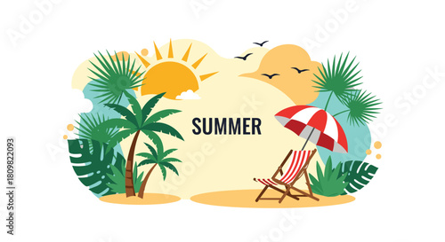 A vibrant and playful summer background with a beach chair umbrella palm trees and birds under a bright shining sun.
