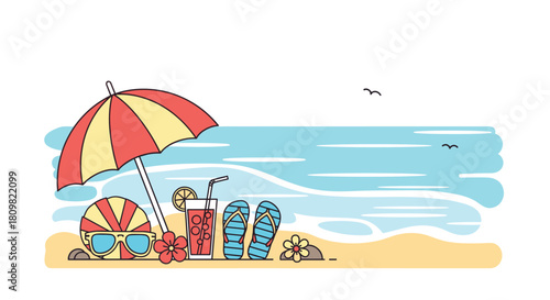 A charming line art illustration of a beach scene with an umbrella sunglasses flip-flops and a cocktail on the sandy shore.