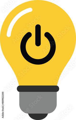 Yellow light bulb with power on/off symbol, flat design icon for ideas, innovation, energy.