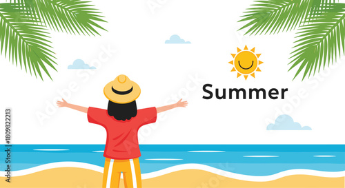 Vector illustration of a happy woman in a straw hat with arms outstretched enjoying the summer sun on a tropical beach vacation.