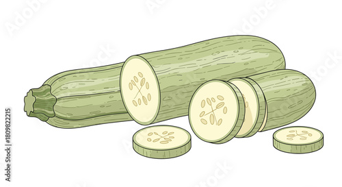Detailed vector illustration of a whole and sliced fresh green zucchini squash showing its inner texture and seeds on a white background.