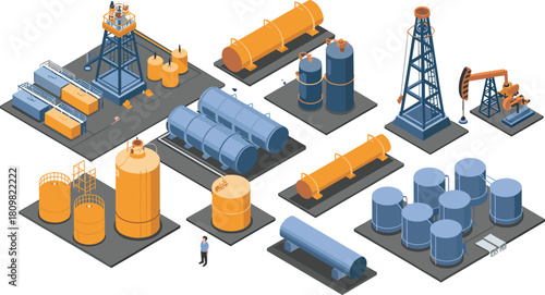Isometric illustration of industrial oil refinery plant with storage tanks, pipelines, drilling rigs, and worker for petroleum production and energy industry