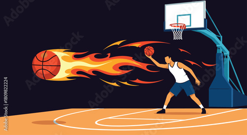 Dynamic vector illustration of a basketball player in action on a court preparing to shoot a powerful flaming ball into the hoop.
