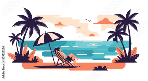 Tranquil vector illustration of a person relaxing in a beach chair under an umbrella watching the sunset over the ocean on a tropical paradise.
