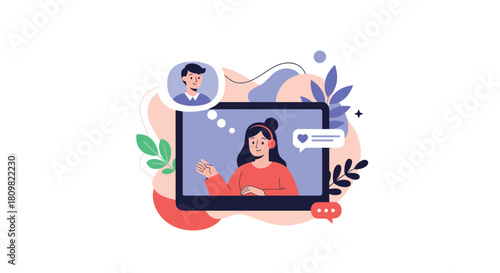 Modern flat design illustration of a woman with a headset on a computer screen in a video call representing online communication.