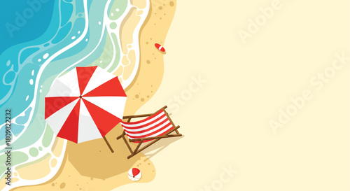 Top-down aerial view of a serene beach with gentle waves a red and white umbrella and a chair with ample copy space for text.