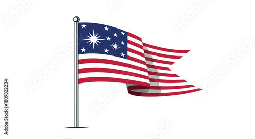Vector illustration of a historical American flag with a circle of stars waving proudly on a flagpole against a clean white background.