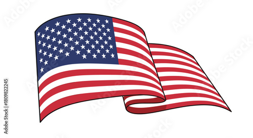 Clean and simple vector graphic of the national flag of the United States of America waving gently in the breeze on white.