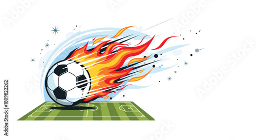 Exciting vector illustration of a soccer ball engulfed in flames flying at high speed over a green football pitch with motion effects.