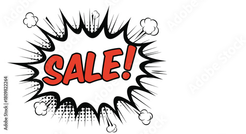 Classic comic book style vector illustration of an explosive speech bubble with the word SALE in bold red letters for promotion.