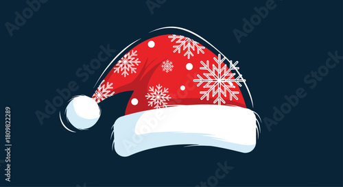 Festive illustration of a red Santa Claus hat decorated with white snowflakes and a fluffy pom-pom on a dark blue background.