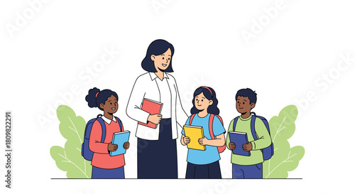 A heartwarming illustration of a friendly female teacher standing with a diverse group of three young students holding their books.