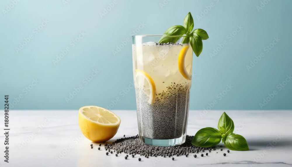 Fototapeta premium 8k view basil seed lemonade glass.