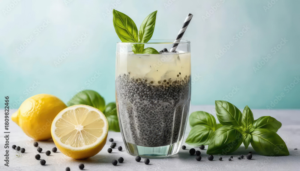 Fototapeta premium 8k view basil seed lemonade glass.