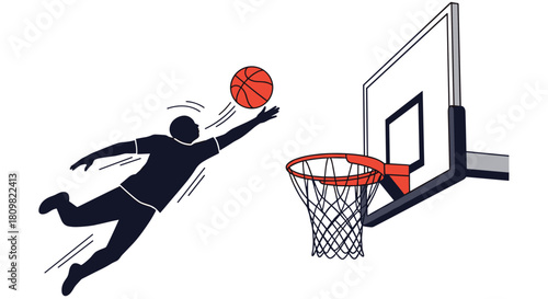 A dynamic silhouette illustration of a basketball player in mid-air performing a spectacular slam dunk towards the basketball hoop.
