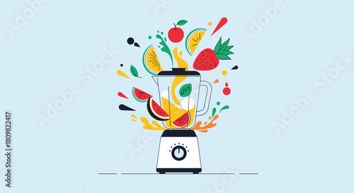 A vibrant and dynamic illustration of a blender making a smoothie with fresh fruits like strawberries and oranges exploding outwards.