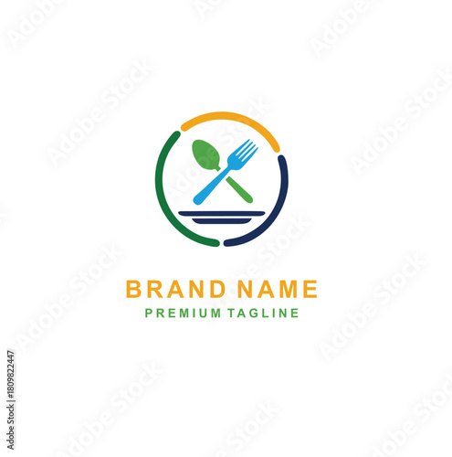 Colorful, circular logo featuring a stylized spoon and fork crossing over a plate, ideal for a restaurant, catering, or food service business.