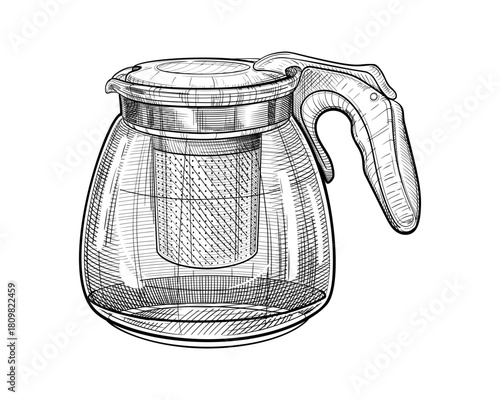 Tea kettle. Vector hand drawn illustration of teapot in engraved style. Metal and glass household kitchen utensils. Black and white sketch isolated on white background