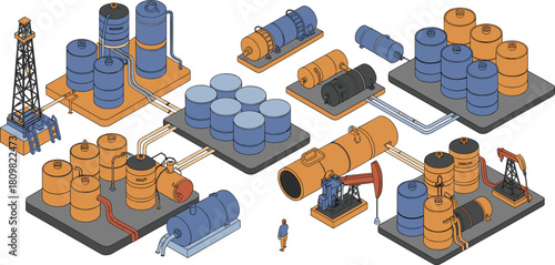 Isometric illustration of industrial oil refinery plant with storage tanks, pipelines, drilling rigs, and worker for petroleum production and energy industry