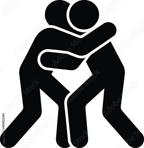 Two stick figures grappling, wrestling, fighting icon design