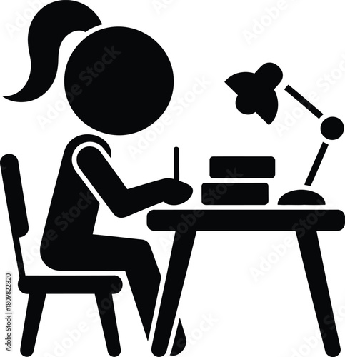 Student studying at desk with books and lamp, education icon