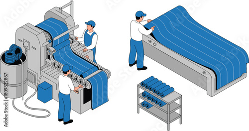 Isometric illustration of industrial textile manufacturing process with workers operating machinery and inspecting fabric rolls, factory production concept