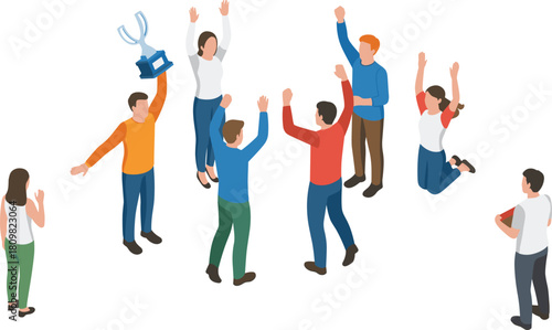 Isometric illustration of joyful team celebrating victory together with trophy, teamwork success concept showing happiness, unity, achievement, and cooperation