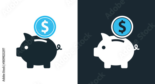 Two piggy banks with dollar coins on top - Vector icon symbol for website - Icon vector - Blue icon vector - Line and glyph solid icon and logo template
