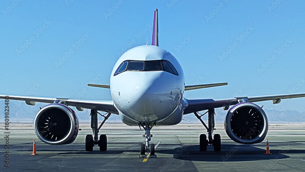 Fototapeta premium Commercial Airplane on the Tarmac Ready for Takeoff, Front View. Aviation and Travel Theme.