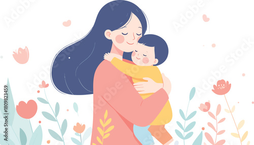 A loving mother embracing her child amidst a backdrop of blooming flowers and soft colors, symbolizing tenderness and family bond