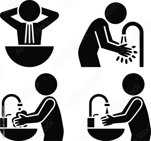 Personal hygiene routine icons, washing hands and face steps.
