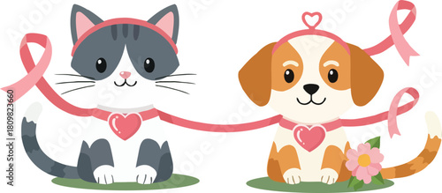Cute cat and dog illustration for breast cancer awareness with pink ribbons and hearts