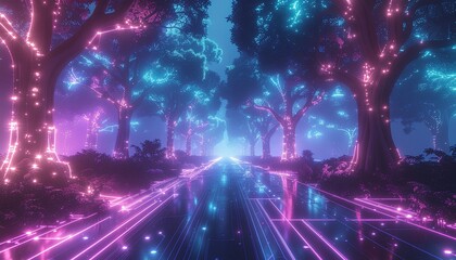 Papier peint photo Prune Step into a vibrant, futuristic forest bathed in glowing neon light, a mesmerizing landscape for your next sci-fi project or creative campaign  © INDOGRAPHIC