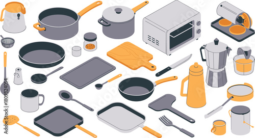Isometric illustration of kitchen cookware utensils and appliances including pots, pans, knives, cutting boards, oven, and cooking accessories