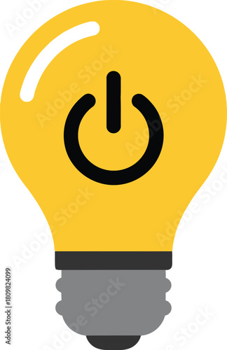 Yellow light bulb with power on/off symbol, representing ideas, energy, solution, and innovation.