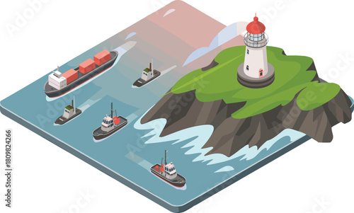 Isometric illustration of lighthouse on rocky island guiding cargo ships and tugboats sailing in ocean maritime transportation route scene