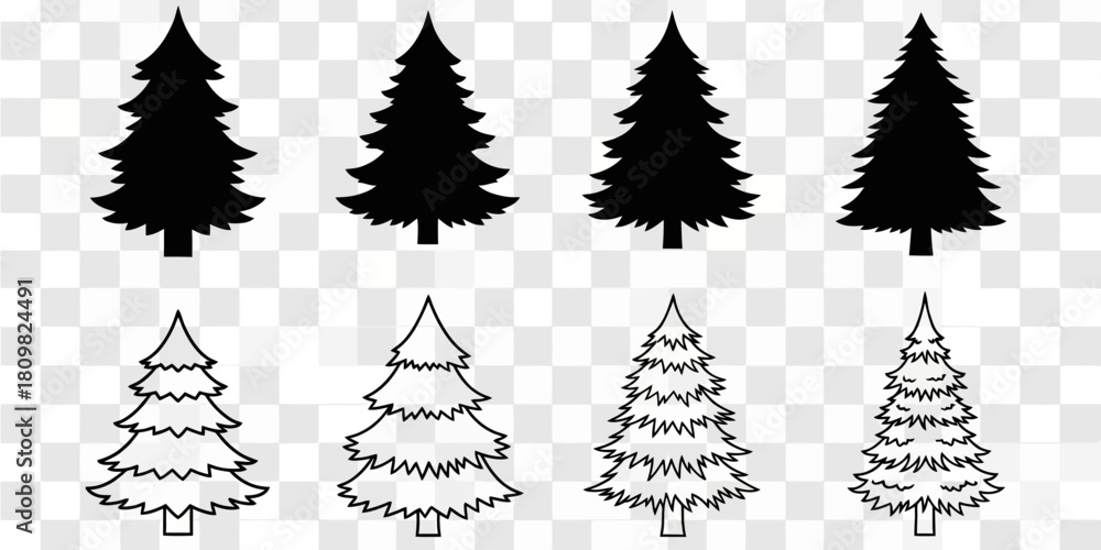 Obraz premium Evergreen tree silhouette and outline collection on transparent background