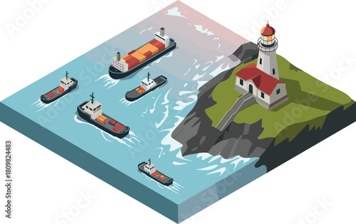Isometric illustration of lighthouse on rocky island guiding cargo ships and tugboats sailing in ocean maritime transportation route scene