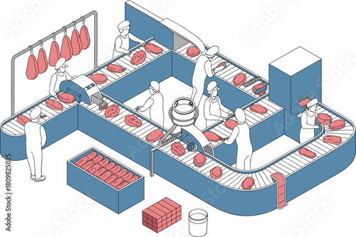 Isometric illustration of meat processing factory with workers on production line, conveyor belts, packaging and automated food industry equipment