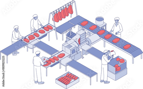 Isometric illustration of meat processing factory with workers on production line, conveyor belts, packaging and automated food industry equipment